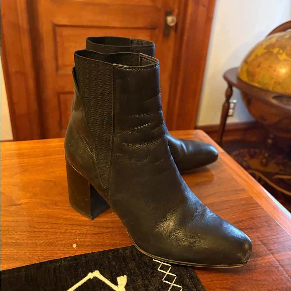 1- Black Leather Ankle Boots chunky heel square toe Franco Sarto